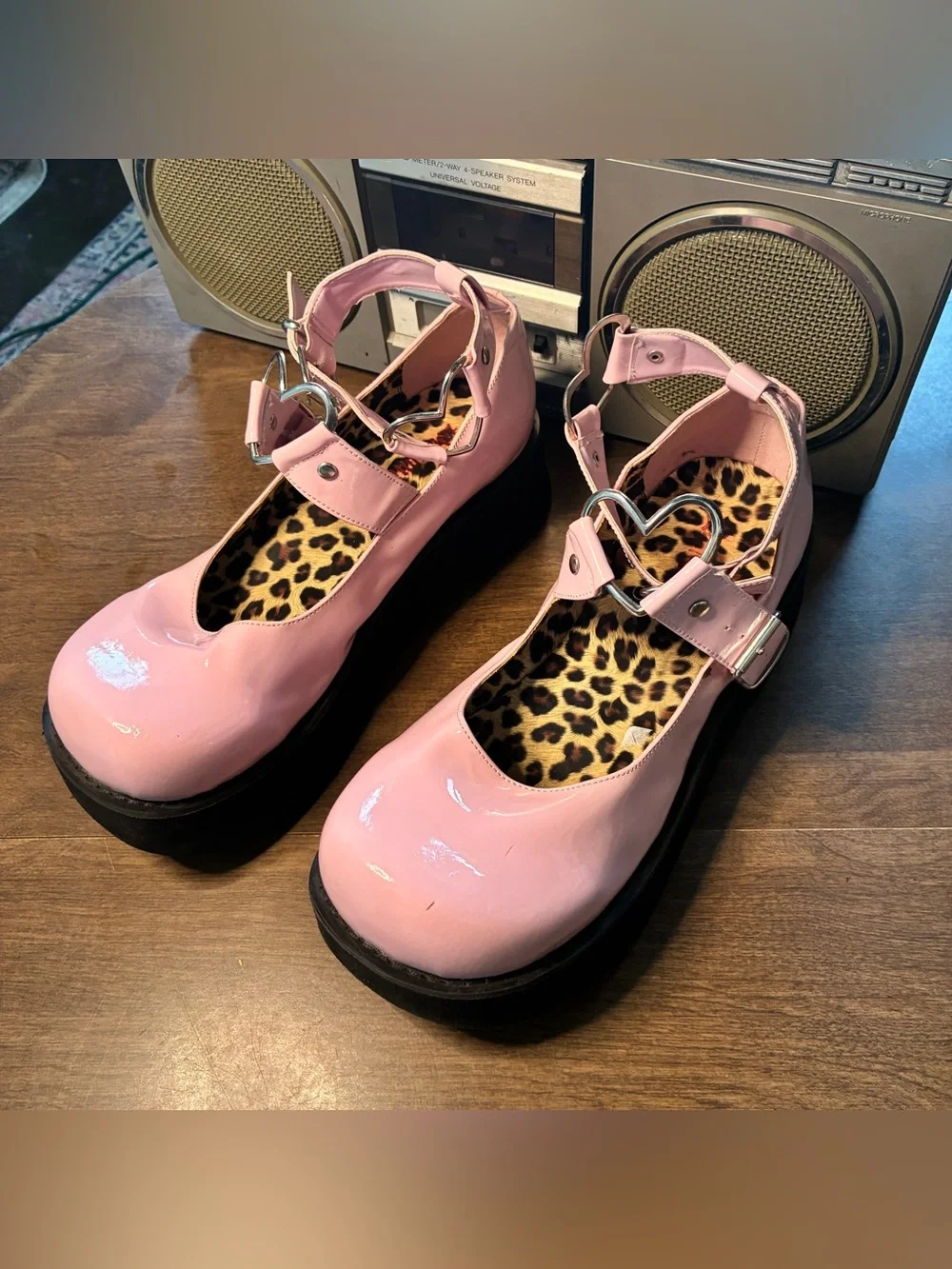 Demonia Women’s Sz 12 Platform Mary Janes Pink Heart Buckle/Strap Shoes